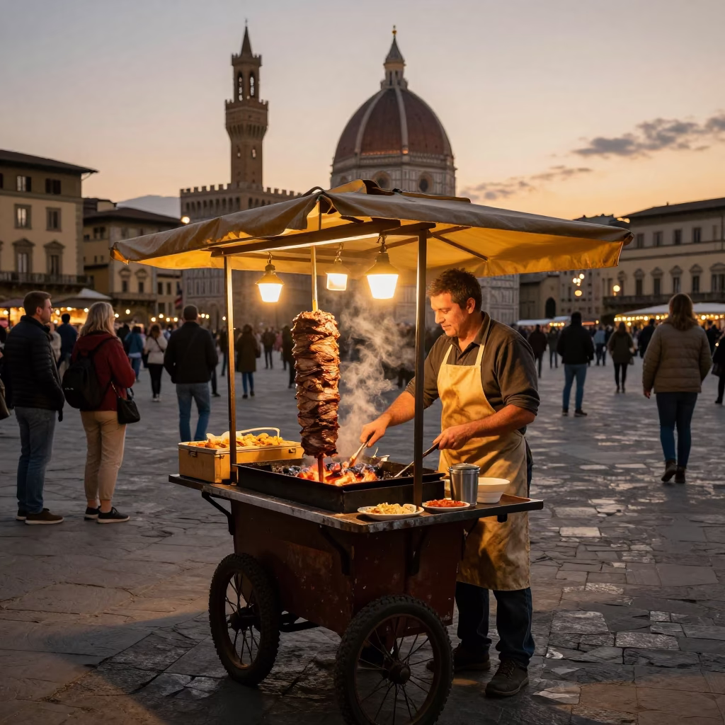 Food Scene in Florence at Honeyed Evening Light in in Florence, Italy