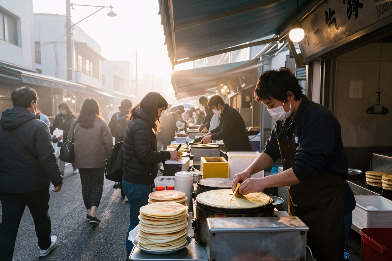Food Scene in Fukuoka at As First Light Reaches The Scene in in Fukuoka, Japan