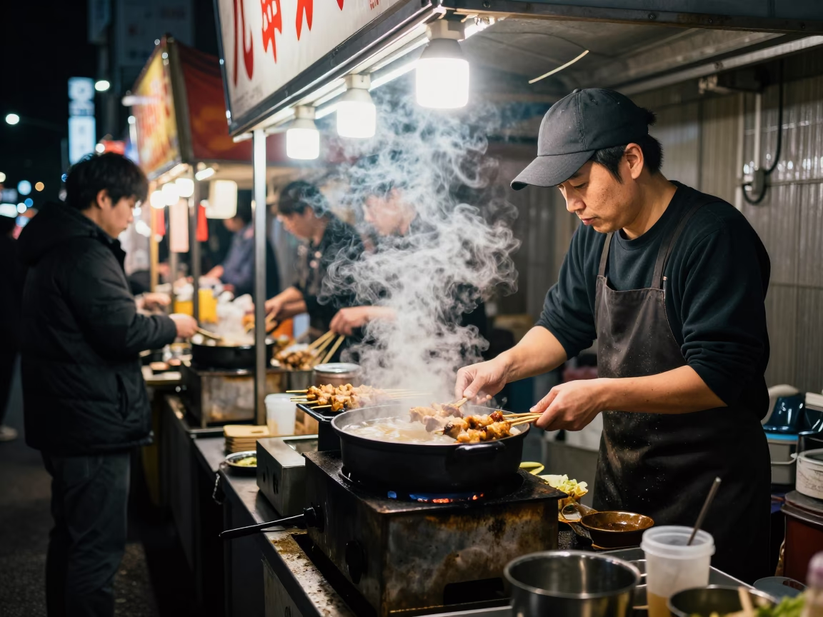 Food Scene in Fukuoka at Late At Night Light in in Fukuoka, Japan