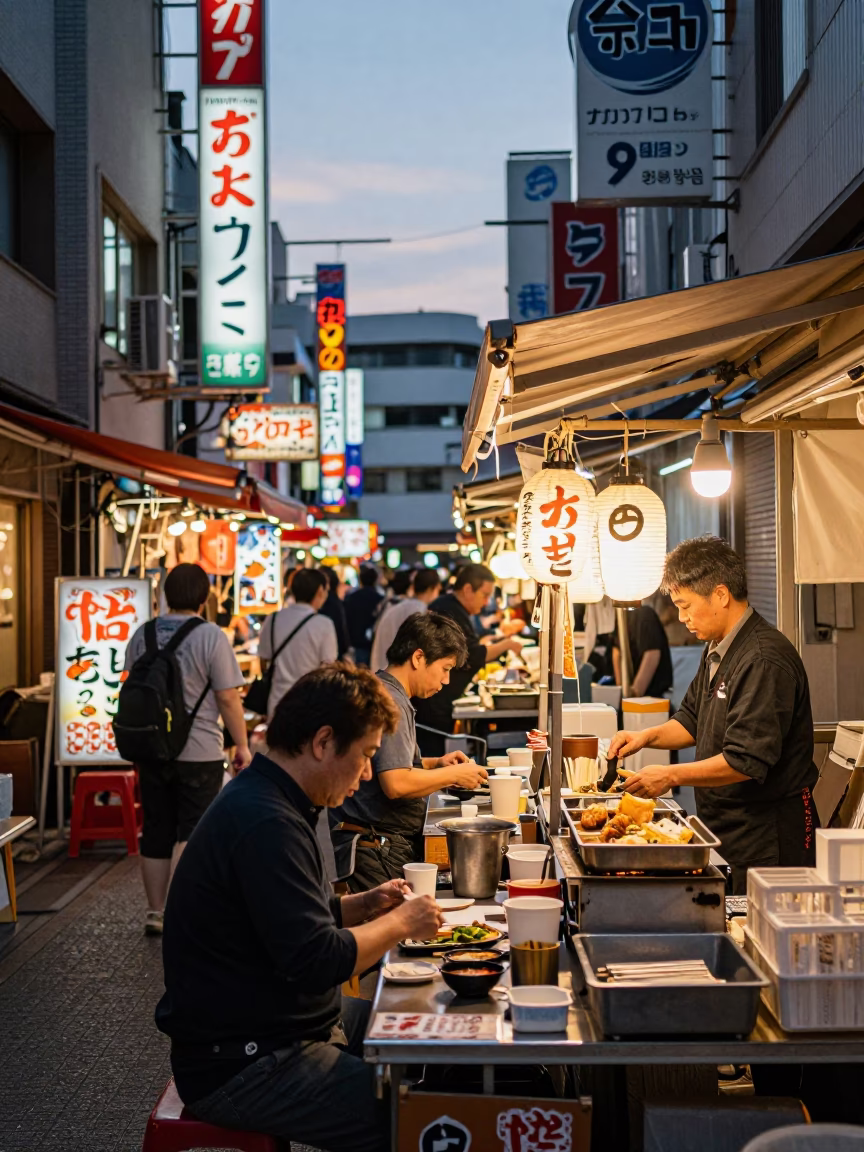 Food Scene in Fukuoka at The Early Evening Light in in Fukuoka, Japan