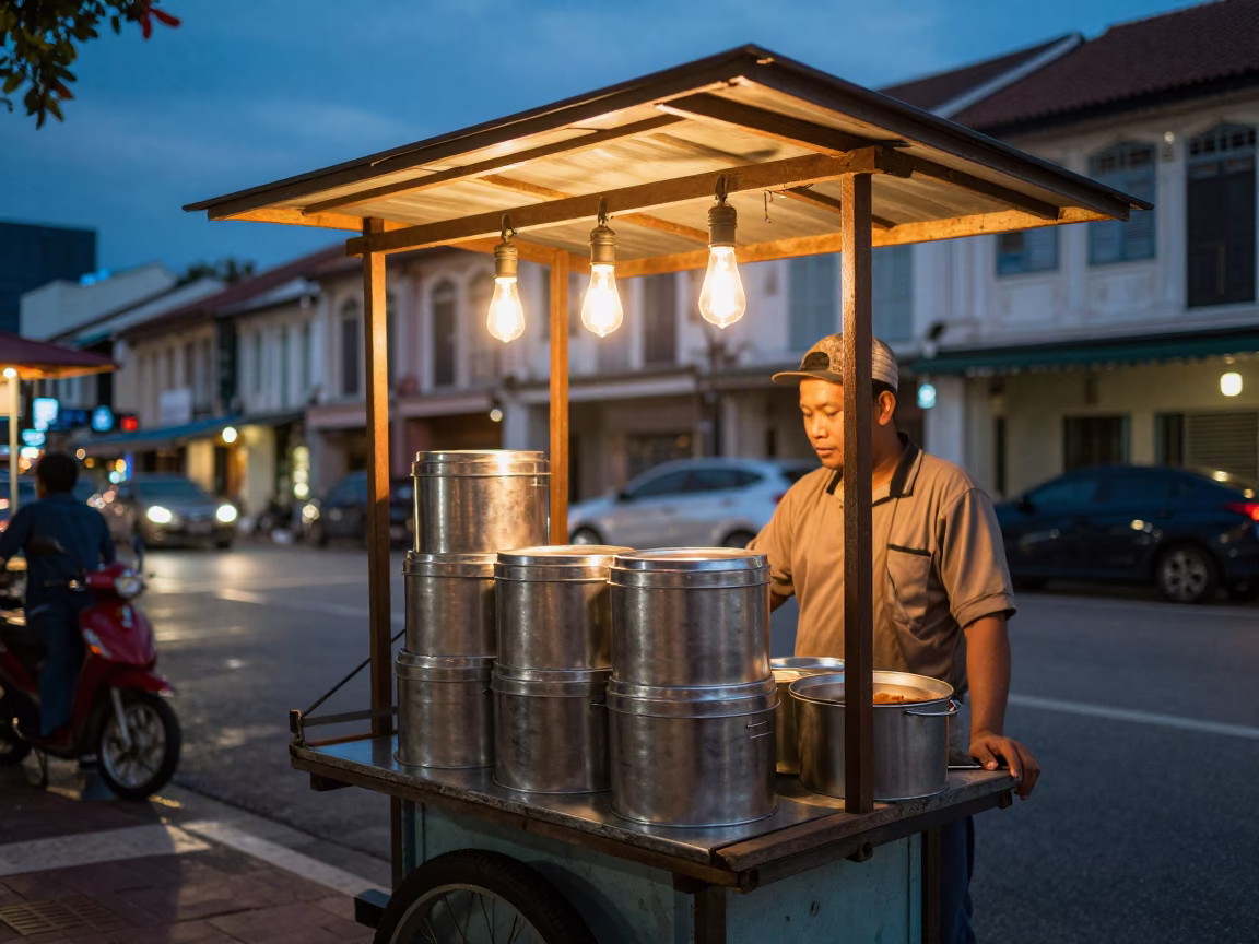 Food Scene in George Town at As City Lights Begin To Glow in in George Town, Malaysia