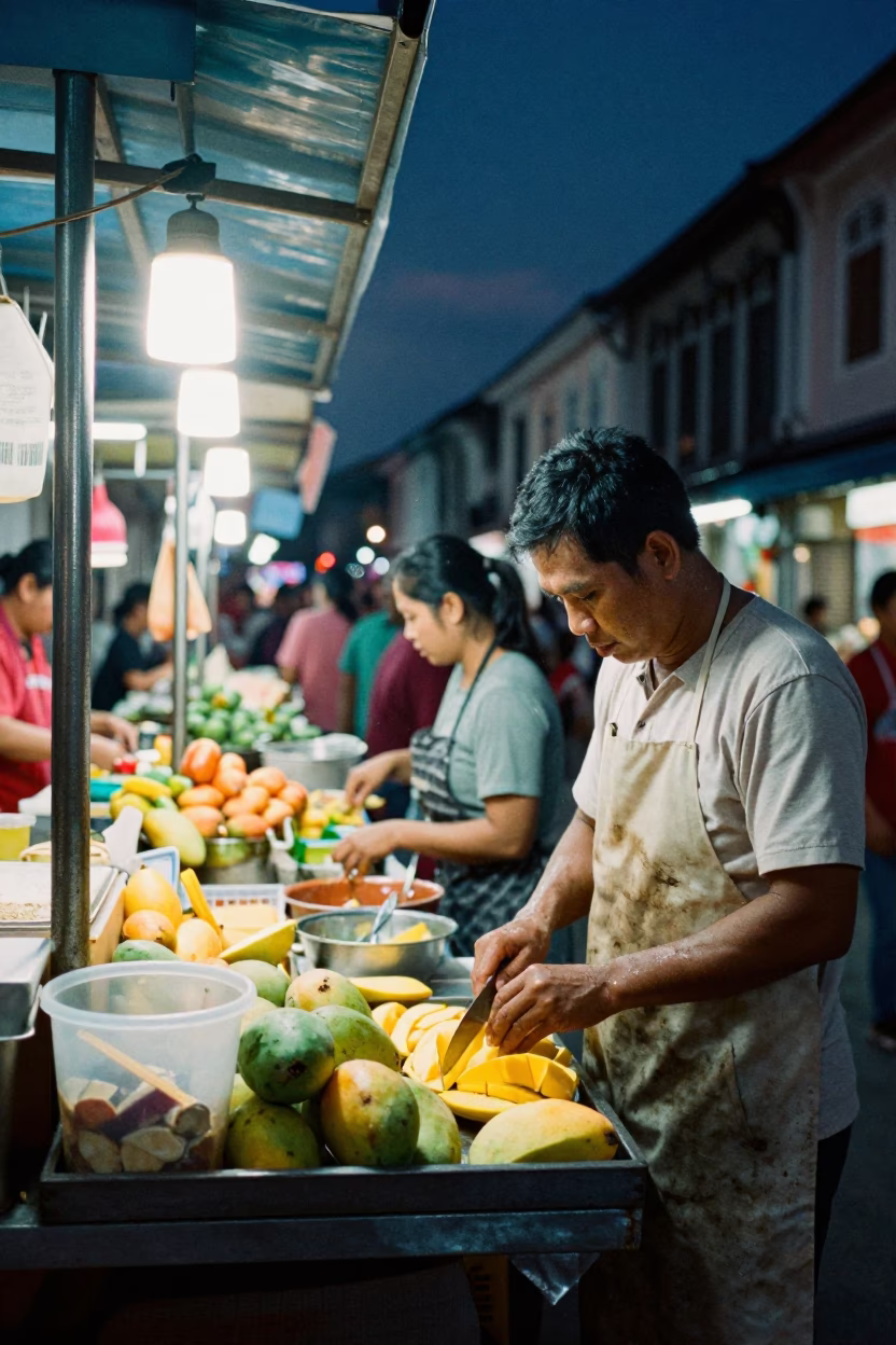 Food Scene in George Town at Late At Night Light in in George Town, Malaysia