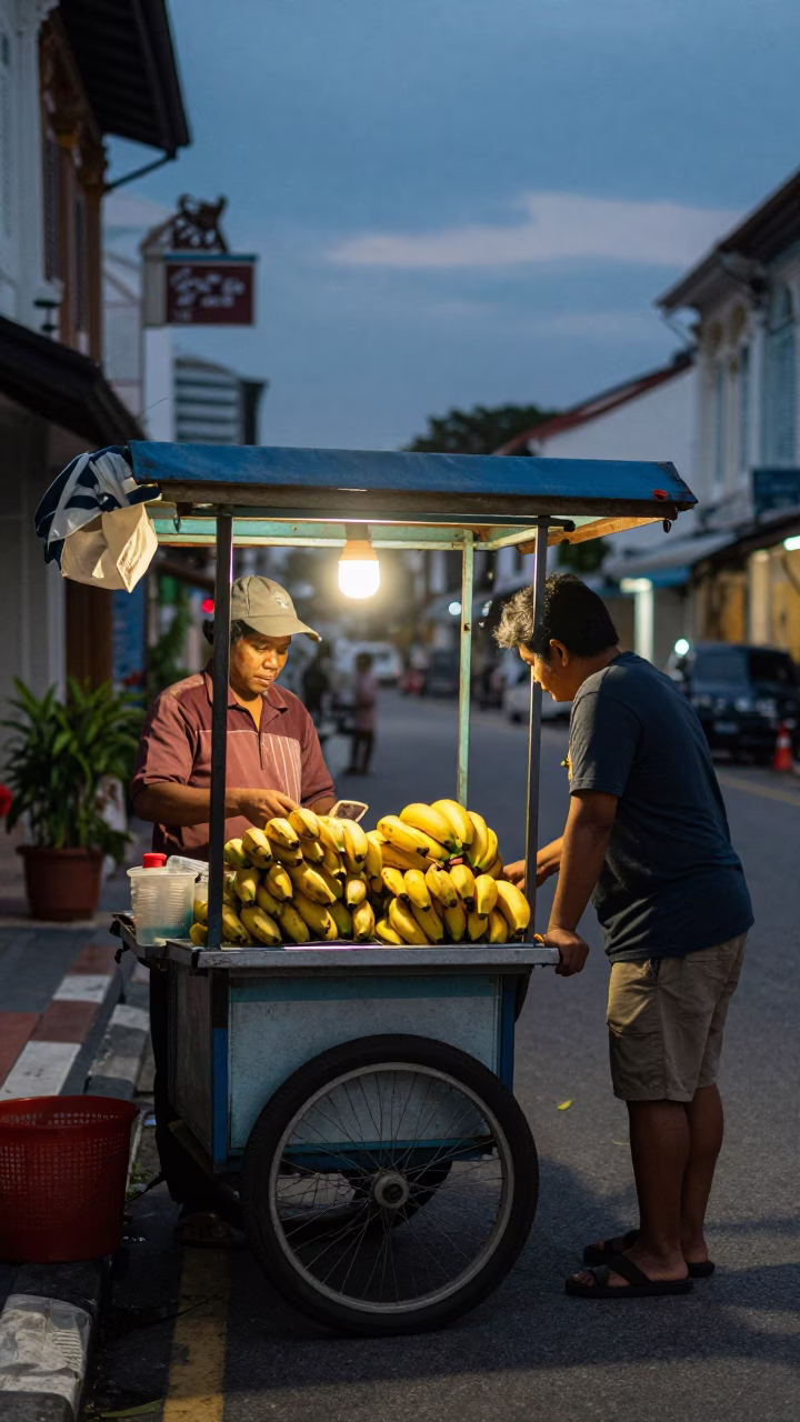 Food Scene in George Town at Twilight in in George Town, Malaysia