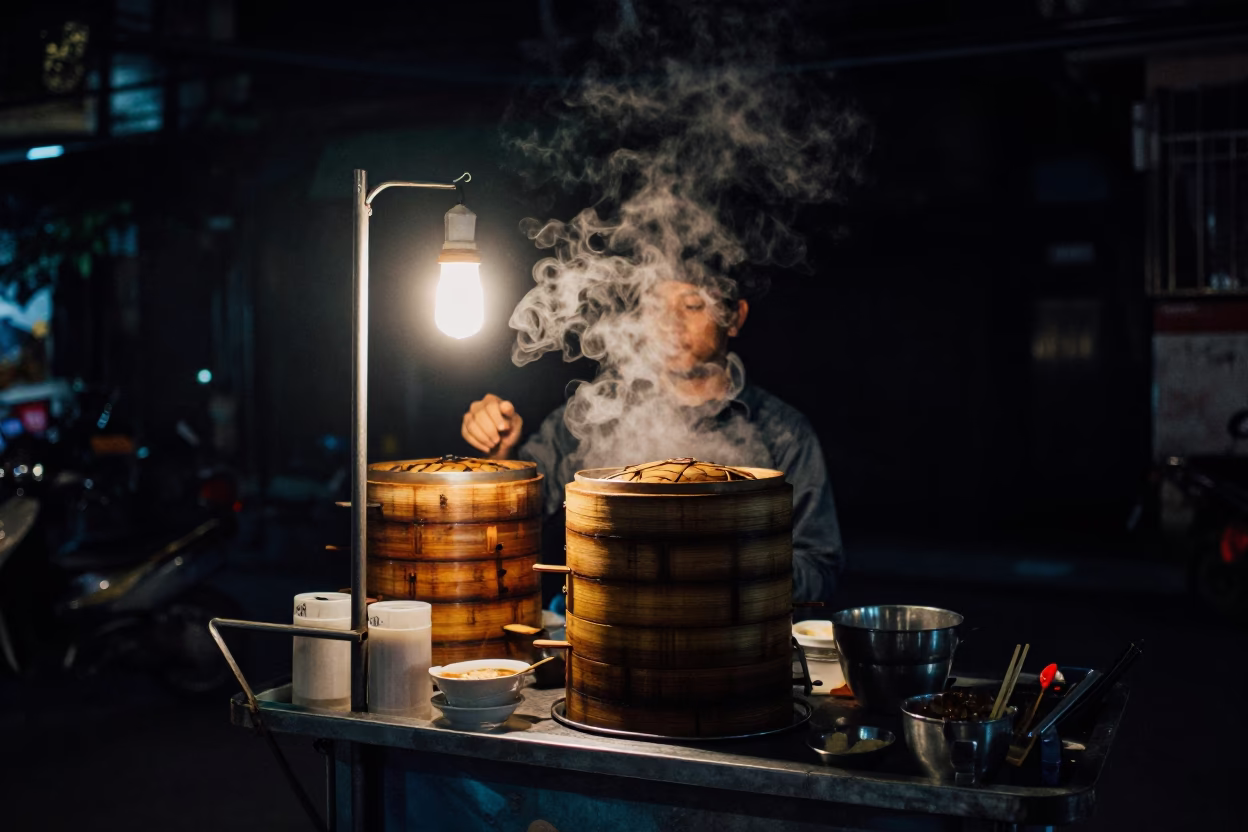 Food Scene in Hanoi at The Deepest Night Sky Light in in Hanoi, Vietnam