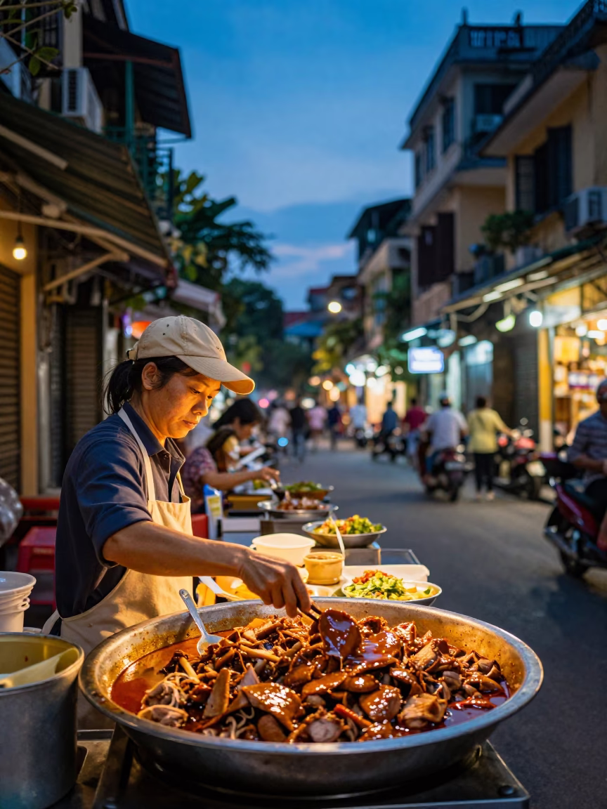 Food Scene in Hanoi at Twilight in in Hanoi, Vietnam