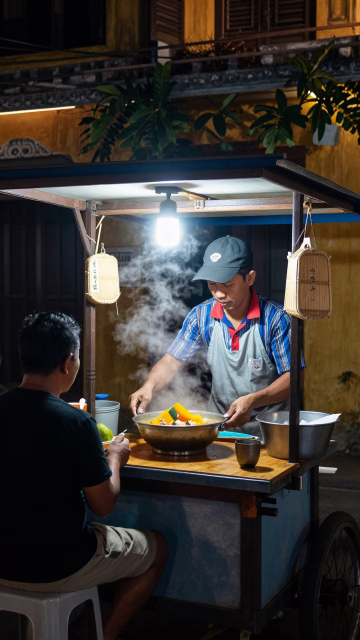 Food Scene in Hoi An at Midnight Light in in Hoi An, Vietnam