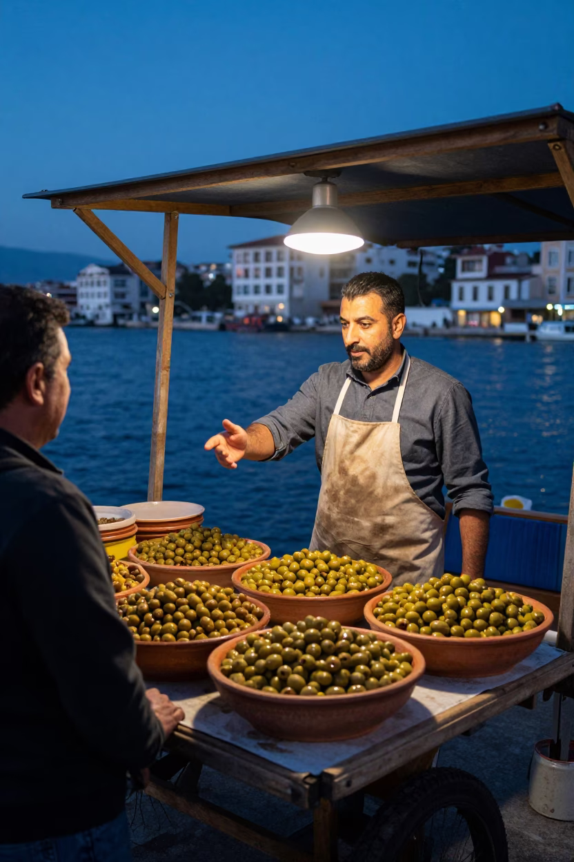 Food Scene in Izmir at Blue Hour in in Izmir, Turkey