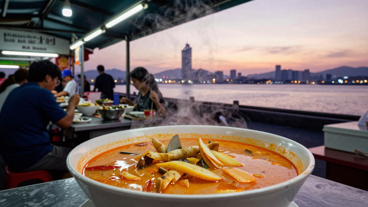 Food Scene in Kaohsiung at Nautical Dawn Light in in Kaohsiung, Taiwan