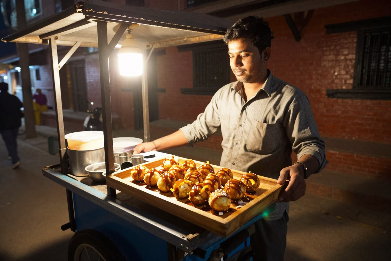 Food Scene in Kathmandu at Late At Night Light in in Kathmandu, Nepal