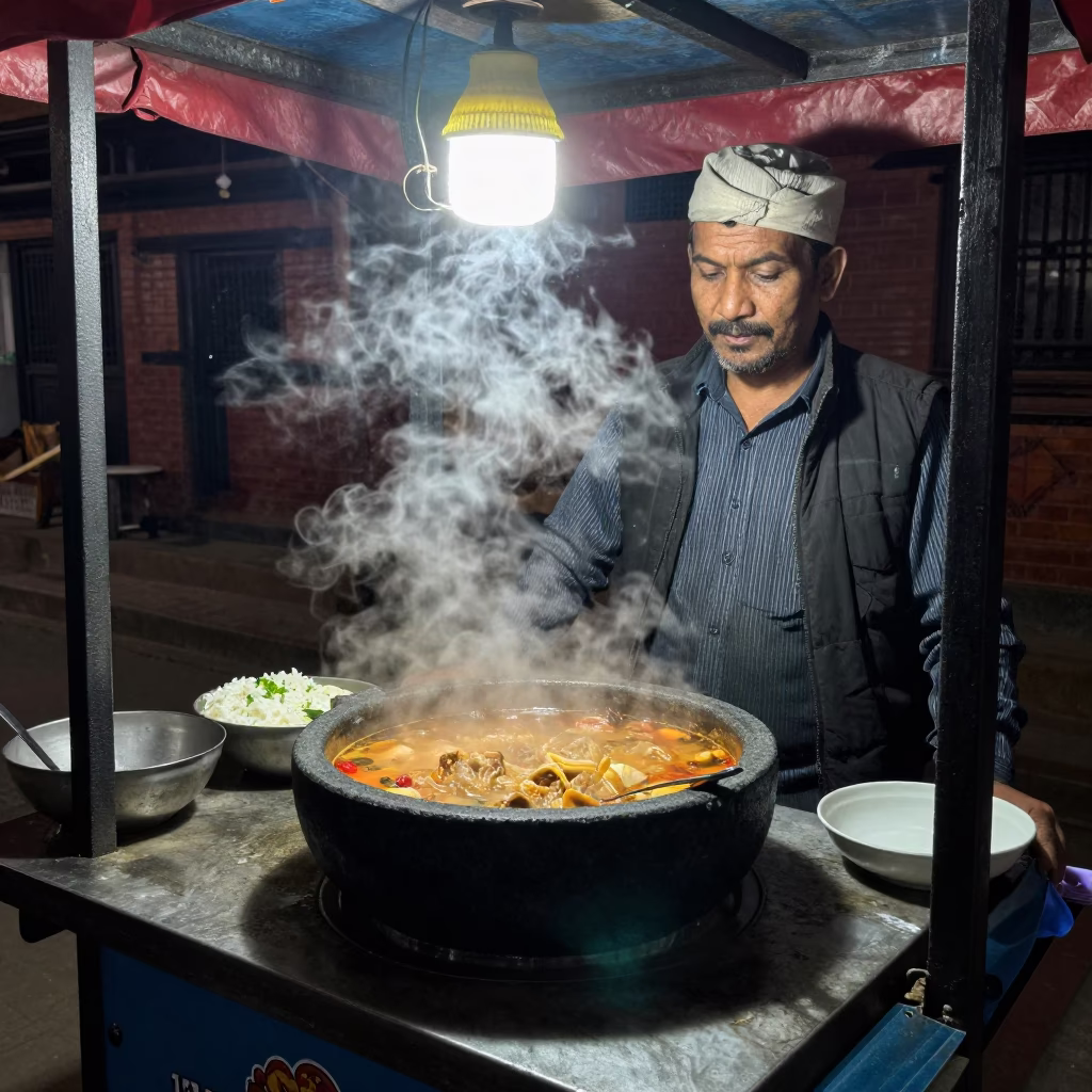 Food Scene in Kathmandu at Midnight Light in in Kathmandu, Nepal