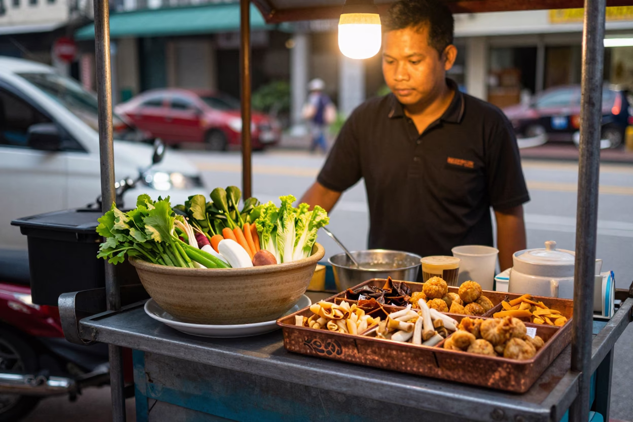 Food Scene in Kuala Lumpur at Honeyed Evening Light in in Kuala Lumpur, Malaysia