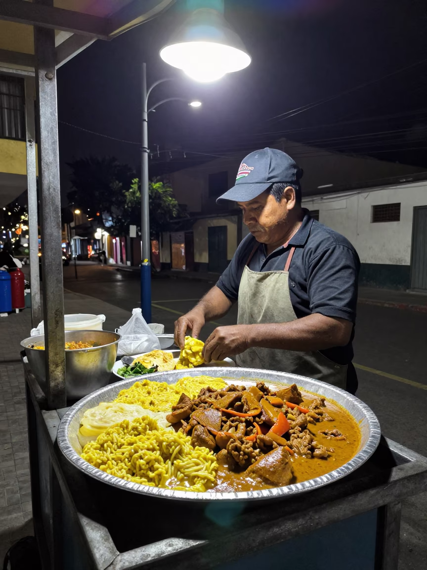 Food Scene in Lima at Deep In The Night Light in in Lima, Peru