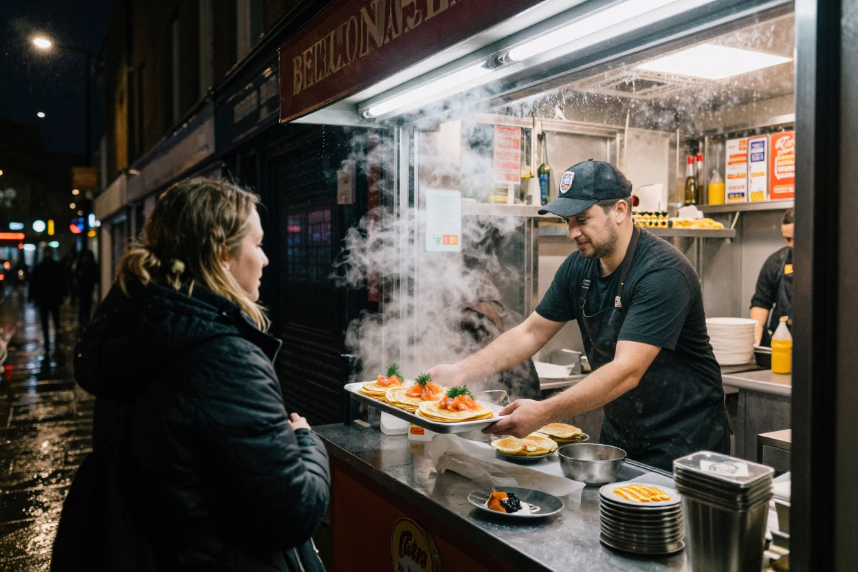 Food Scene in London at Late At Night Light in in London, United Kingdom