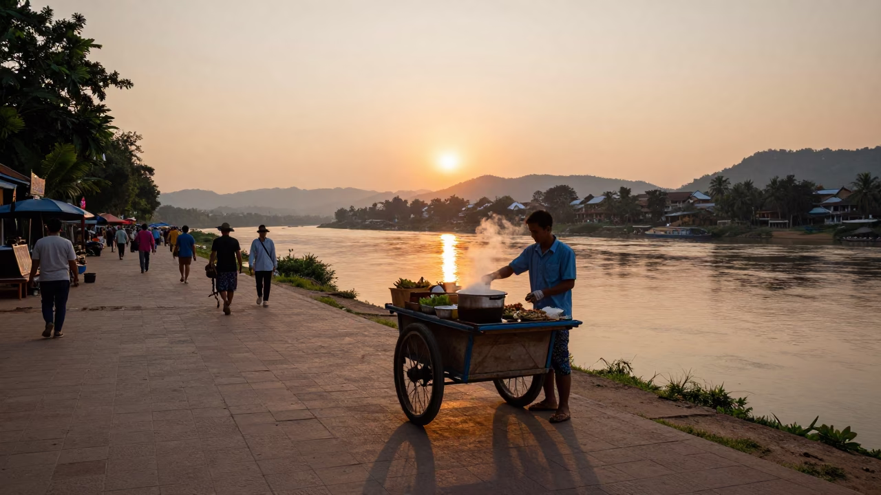 Food Scene in Luang Prabang at As The Sun Drops Toward The Horizon in in Luang Prabang, Laos
