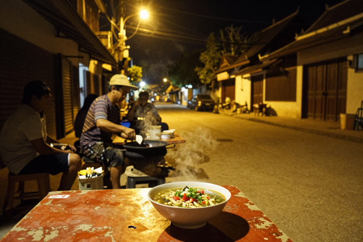 Food Scene in Luang Prabang at Late At Night Light in in Luang Prabang, Laos