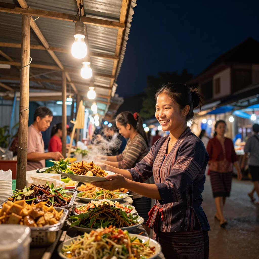 Food Scene in Luang Prabang at Midnight Light in in Luang Prabang, Laos
