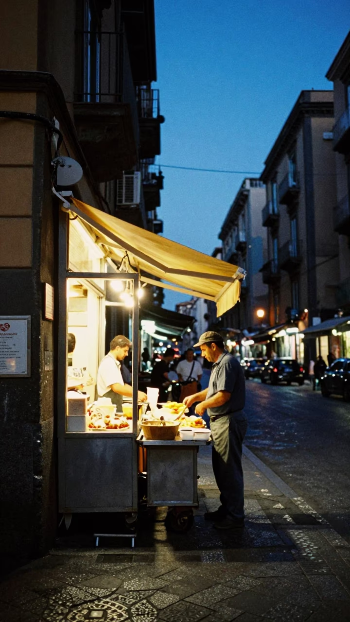 Food Scene in Naples at Blue Hour in in Naples, Italy