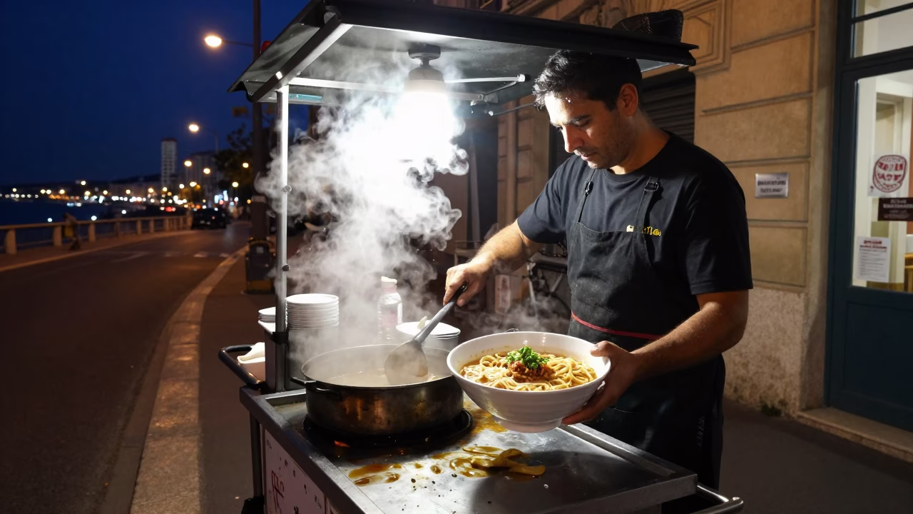 Food Scene in Nice at Late At Night Light in in Nice, France
