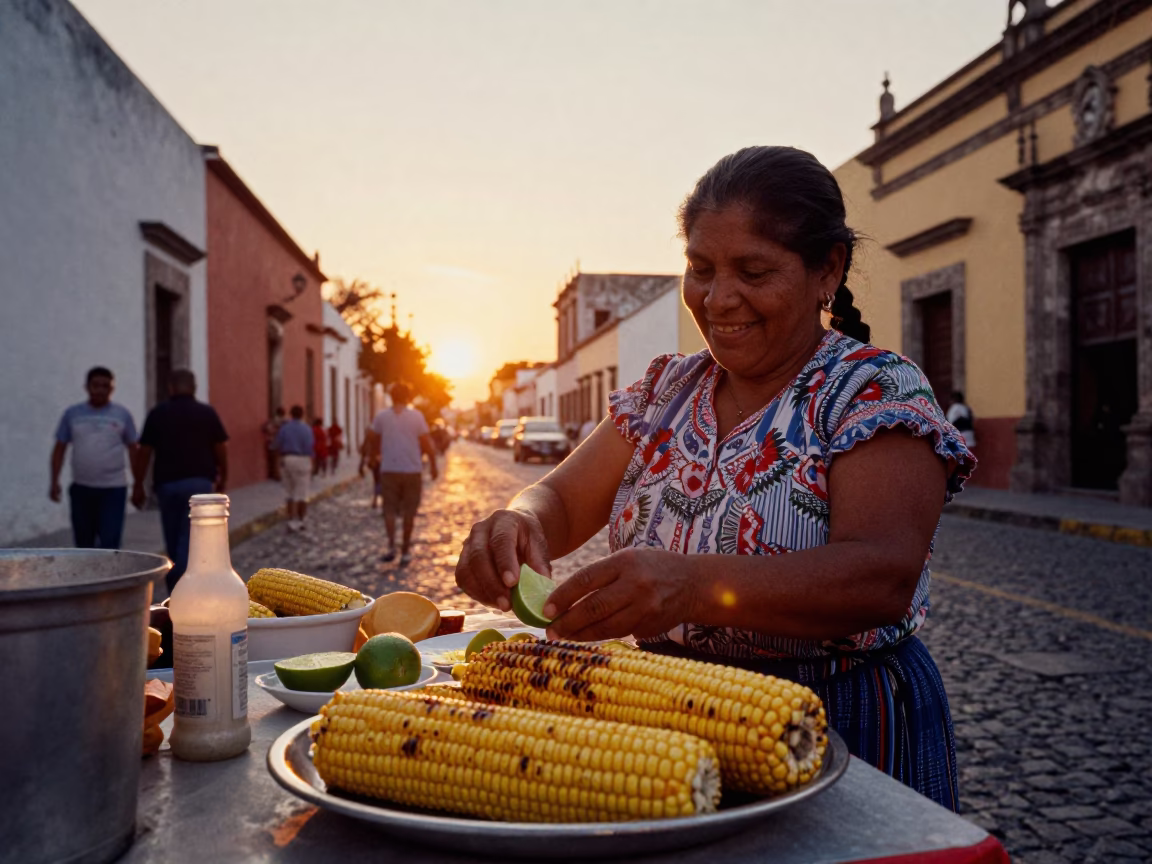 Food Scene in Oaxaca at Sunset Light in in Oaxaca, Mexico