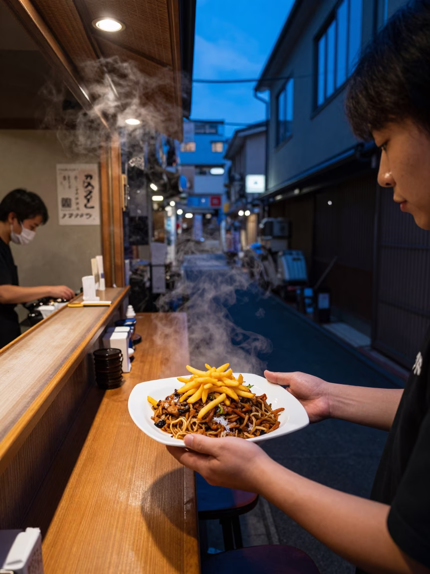 Food Scene in Osaka at The Last Blue Light Of Evening in in Osaka, Japan