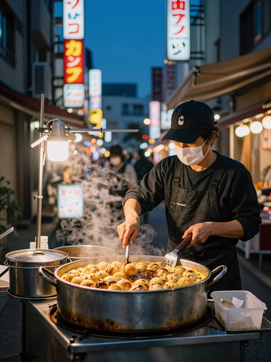 Food Scene in Osaka at Twilight in in Osaka, Japan