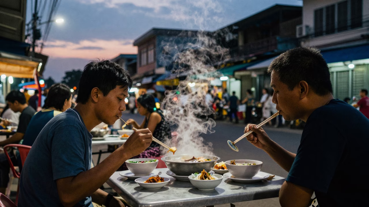 Food Scene in Phnom Penh at Twilight in in Phnom Penh, Cambodia