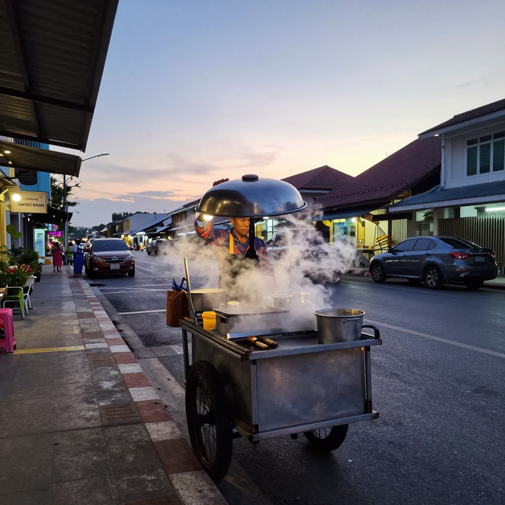 Food Scene in Phuket at The Still Hours Before Dawn Light in in Phuket, Thailand