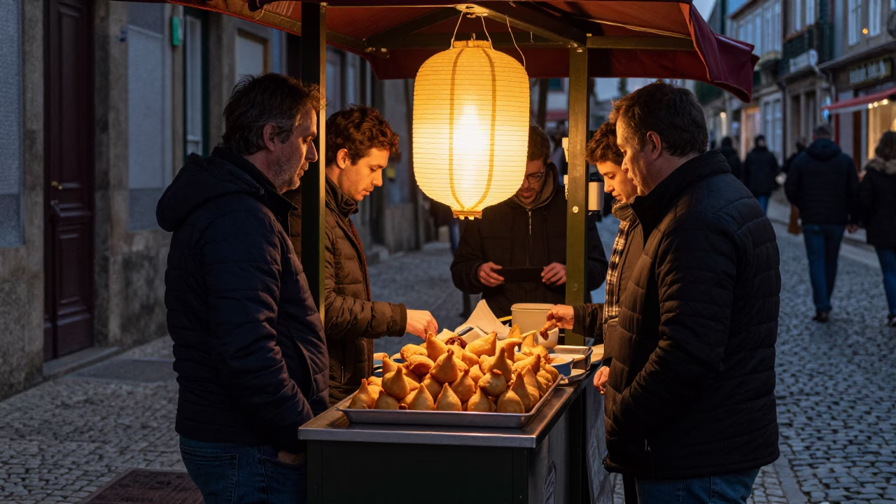 Food Scene in Porto at Midnight Light in in Porto, Portugal