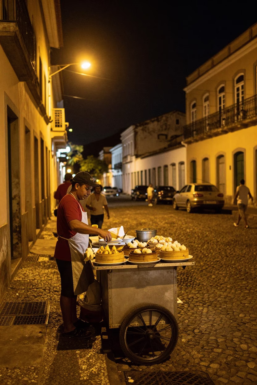 Food Scene in Salvador at Late At Night Light in in Salvador, Brazil