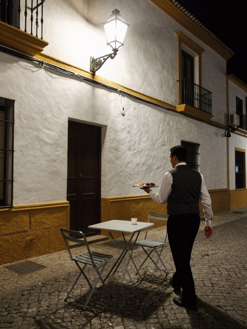 Food Scene in Seville at Midnight Light in in Seville, Spain