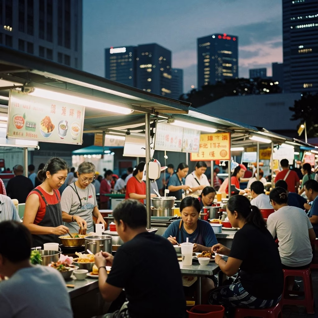 Food Scene in Singapore at As City Lights Begin To Glow in in Singapore, Singapore