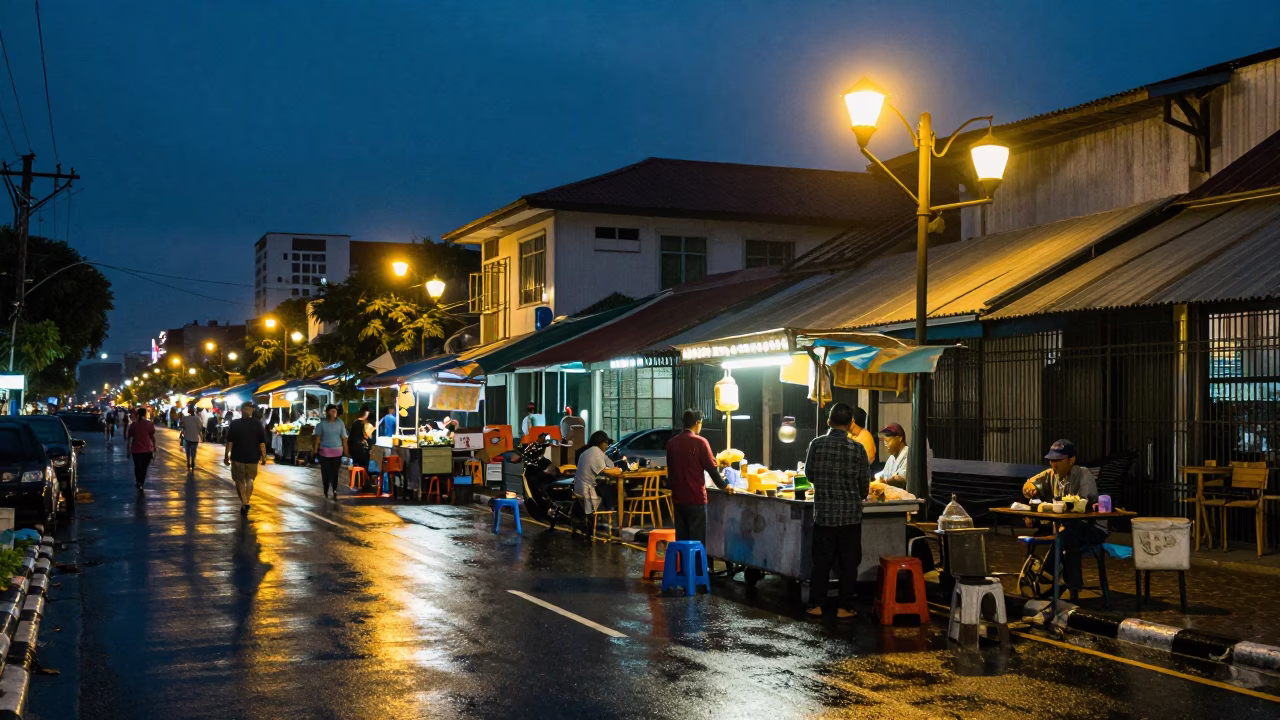 Food Scene in Surabaya at As City Lights Begin To Glow in in Surabaya, Indonesia