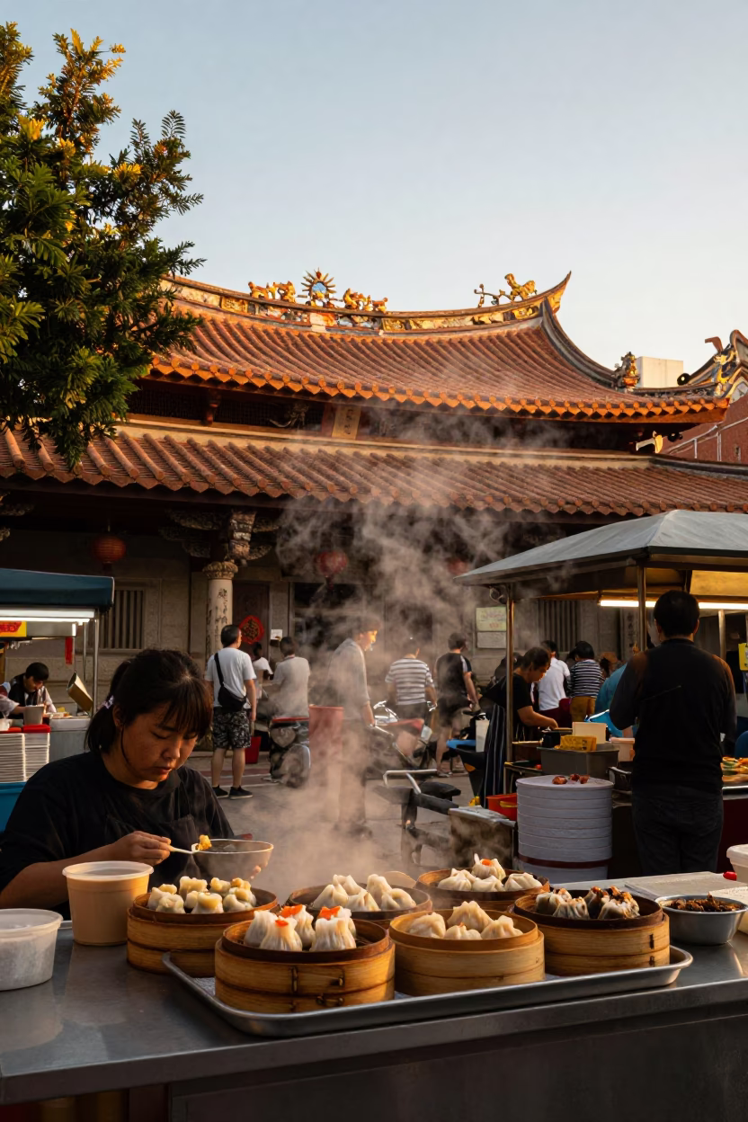 Food Scene in Tainan at Honeyed Evening Light in in Tainan, Taiwan