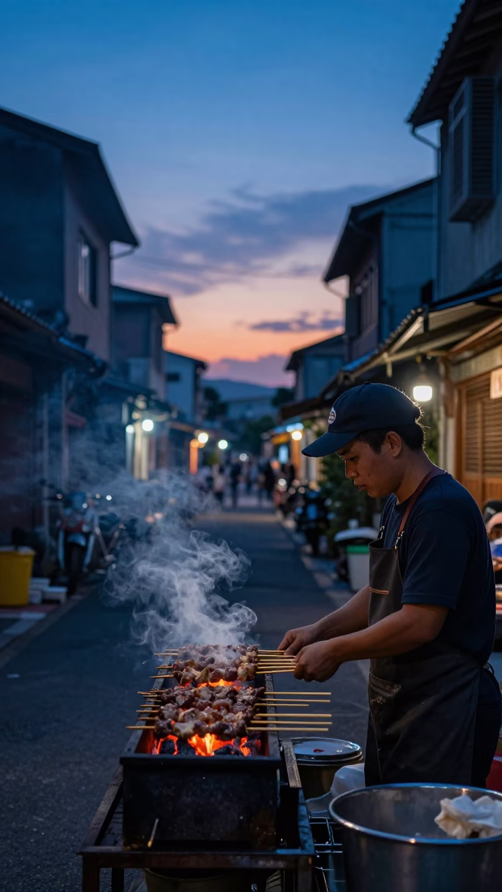 Food Scene in Tainan at Indigo Twilight After Sunset in in Tainan, Taiwan