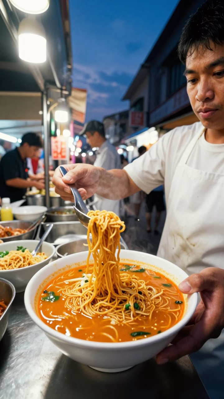 Food Scene in Tainan at Twilight in in Tainan, Taiwan