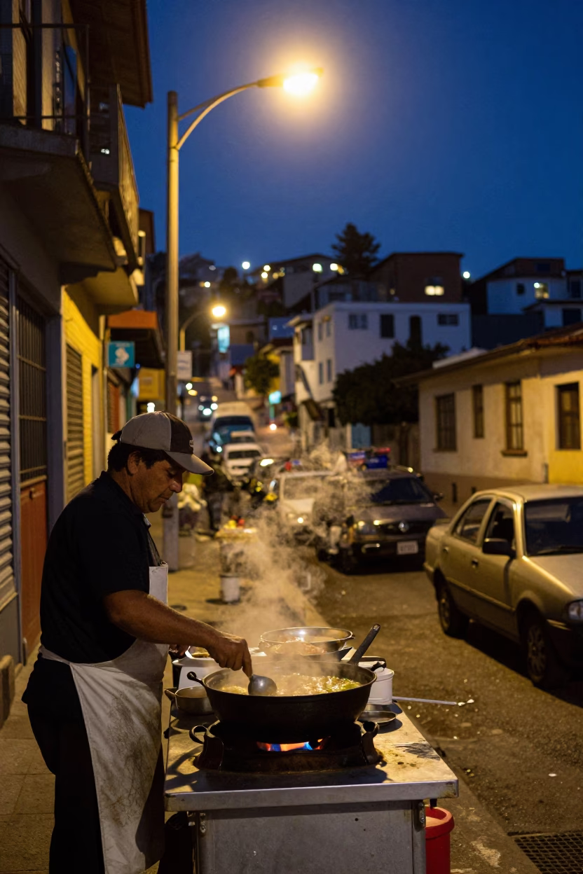Food Scene in Valparaiso at Late At Night Light in in Valparaiso, Chile
