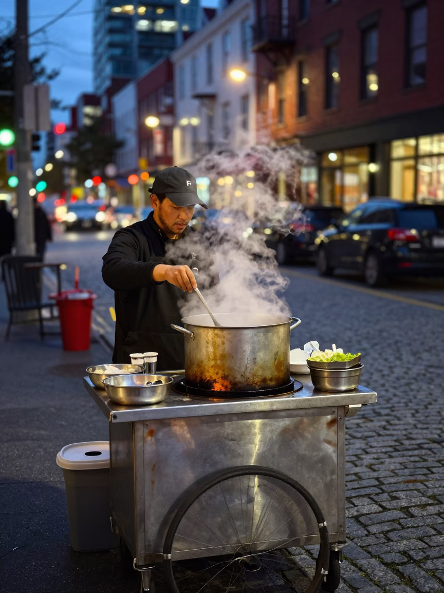 Food Scene in Vancouver at As City Lights Begin To Glow in in Vancouver, British Columbia, Canada