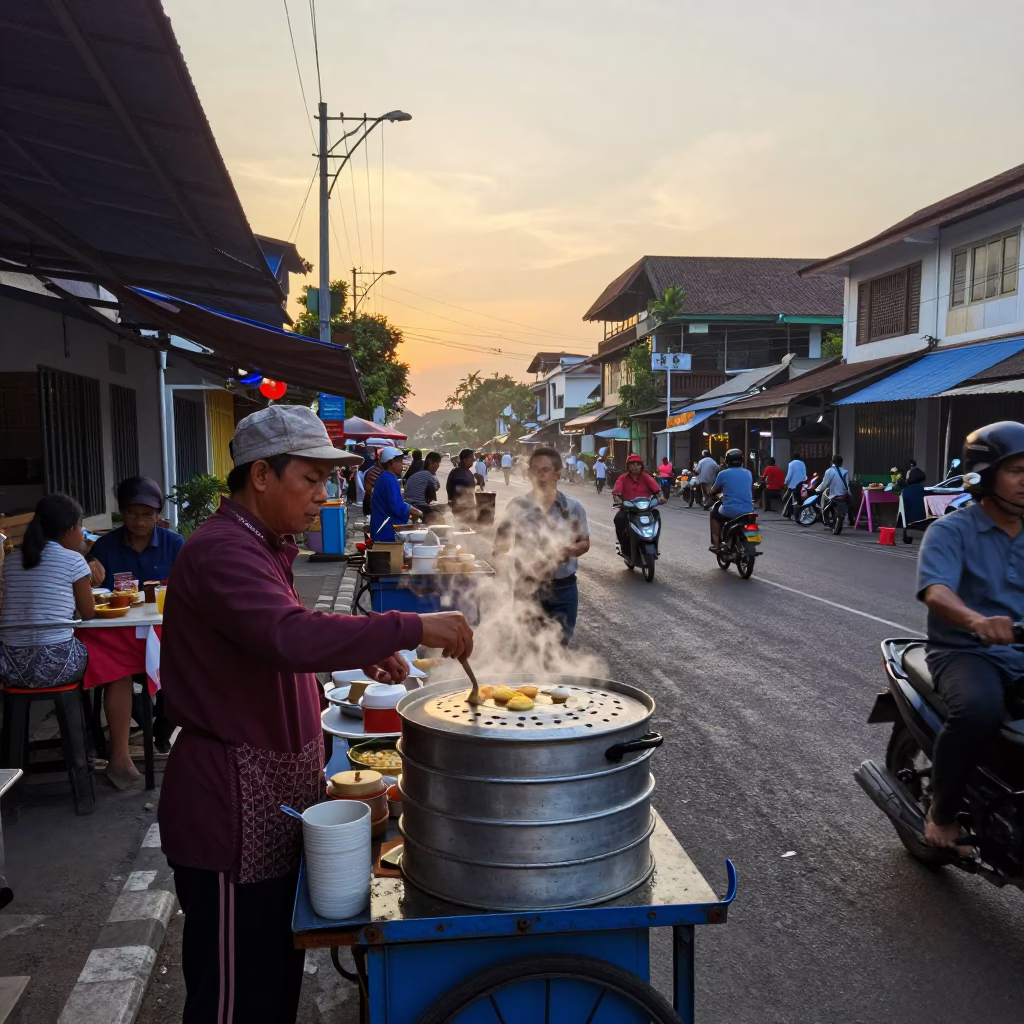 Food Scene in Yogyakarta at First Light Of Dawn in in Yogyakarta, Indonesia