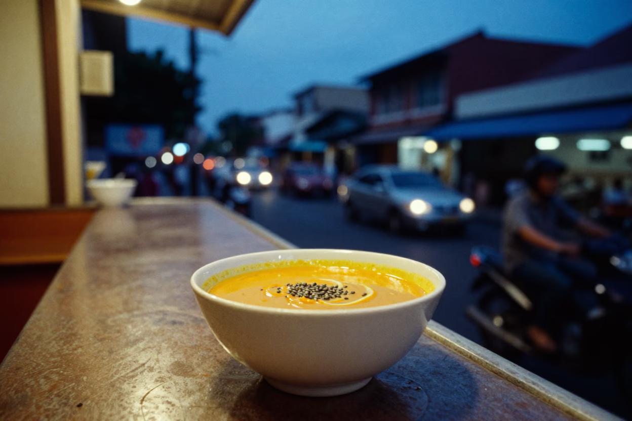 Food Scene in Yogyakarta at The Last Blue Light Of Evening in in Yogyakarta, Indonesia