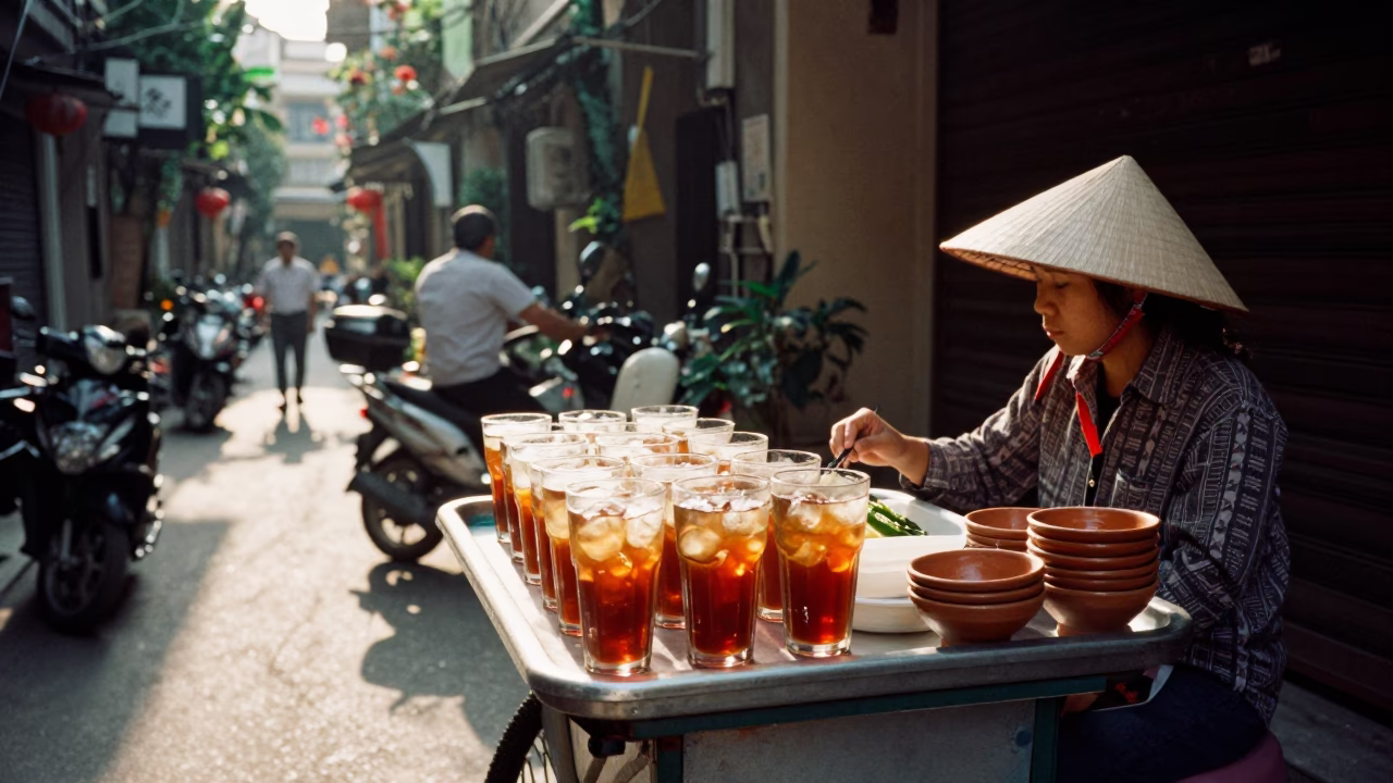 Food Scene just after sunrise in Hanoi in in Hanoi, Vietnam