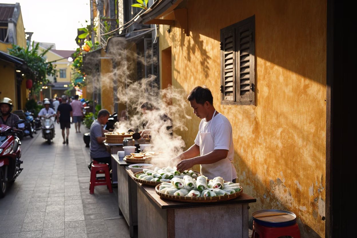 Food Scene just after sunrise in Hoi An in in Hoi An, Vietnam