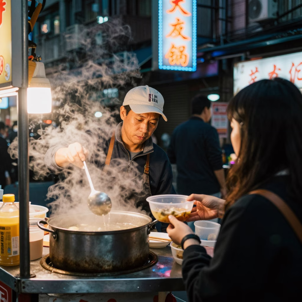 Food Stall at As City Lights Begin To Glow in Taipei in in Taipei, Taiwan