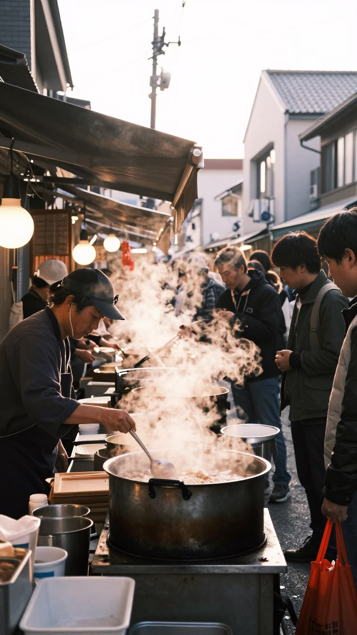 Food Stall at As First Light Reaches The Scene in Fukuoka in in Fukuoka, Japan
