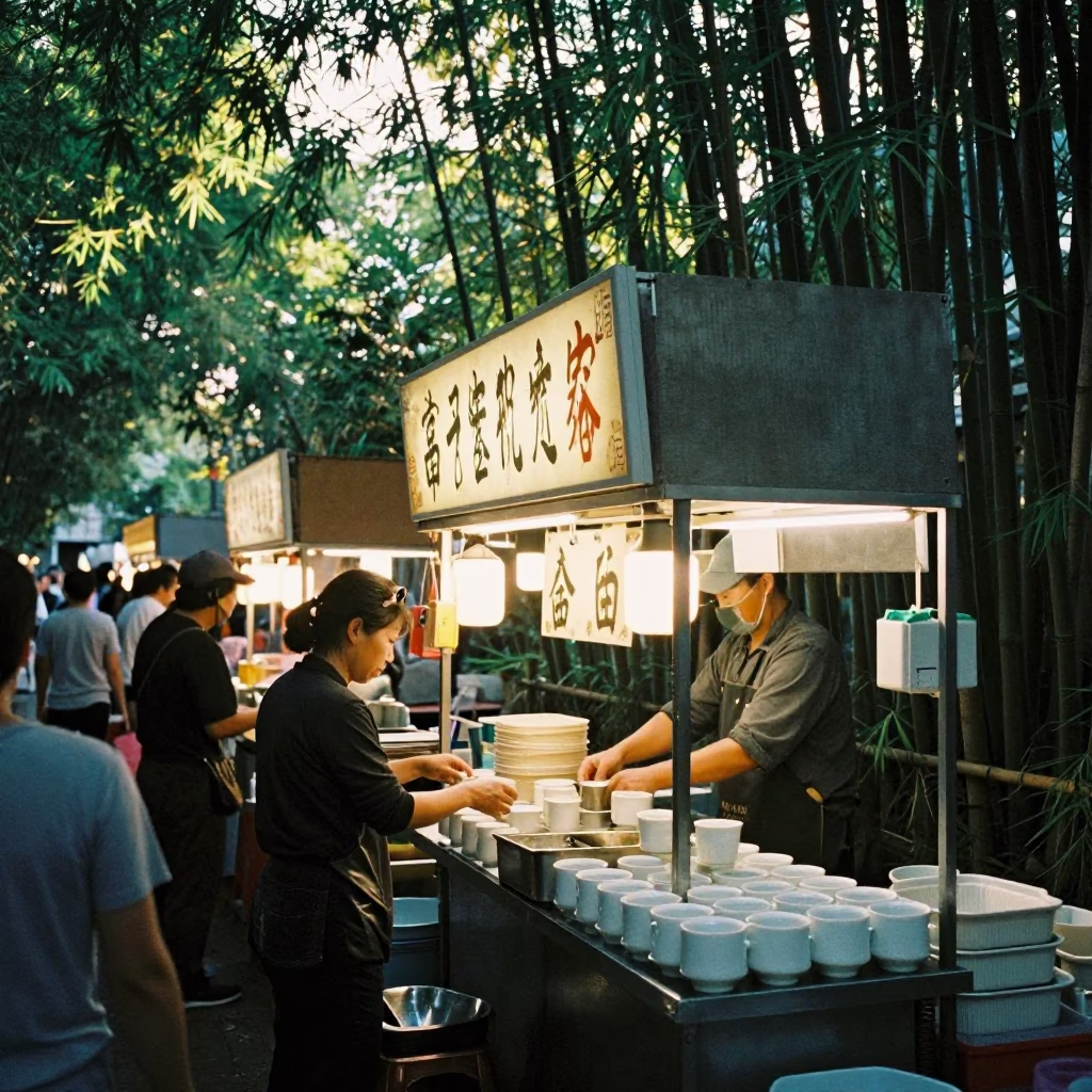 Food Stall at As First Light Reaches The Scene in Tainan in in Tainan, Taiwan