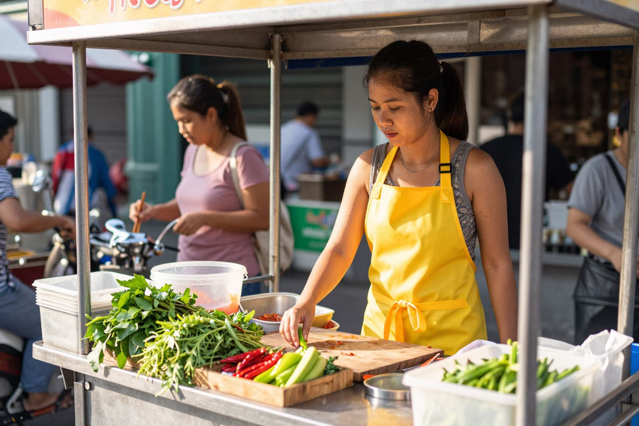 Food Stall at Bright Midmorning Light in Bangkok in in Bangkok, Thailand