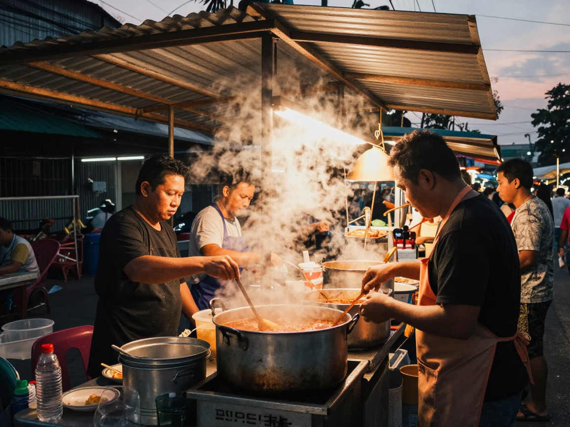 Food Stall at Copper-toned Light Before Dusk in Bangkok in in Bangkok, Thailand