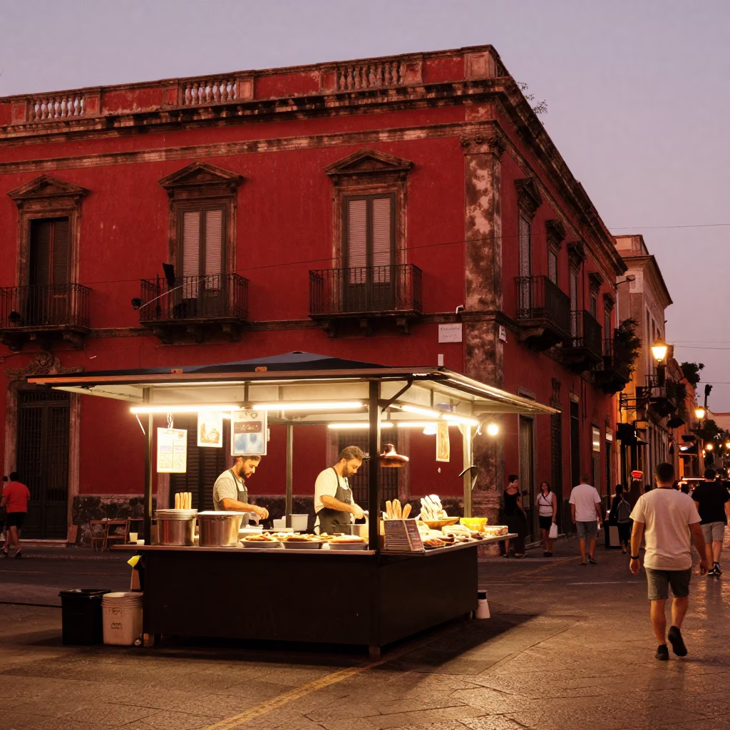 Food Stall at Copper-toned Light Before Dusk in Palermo in in Palermo, Italy