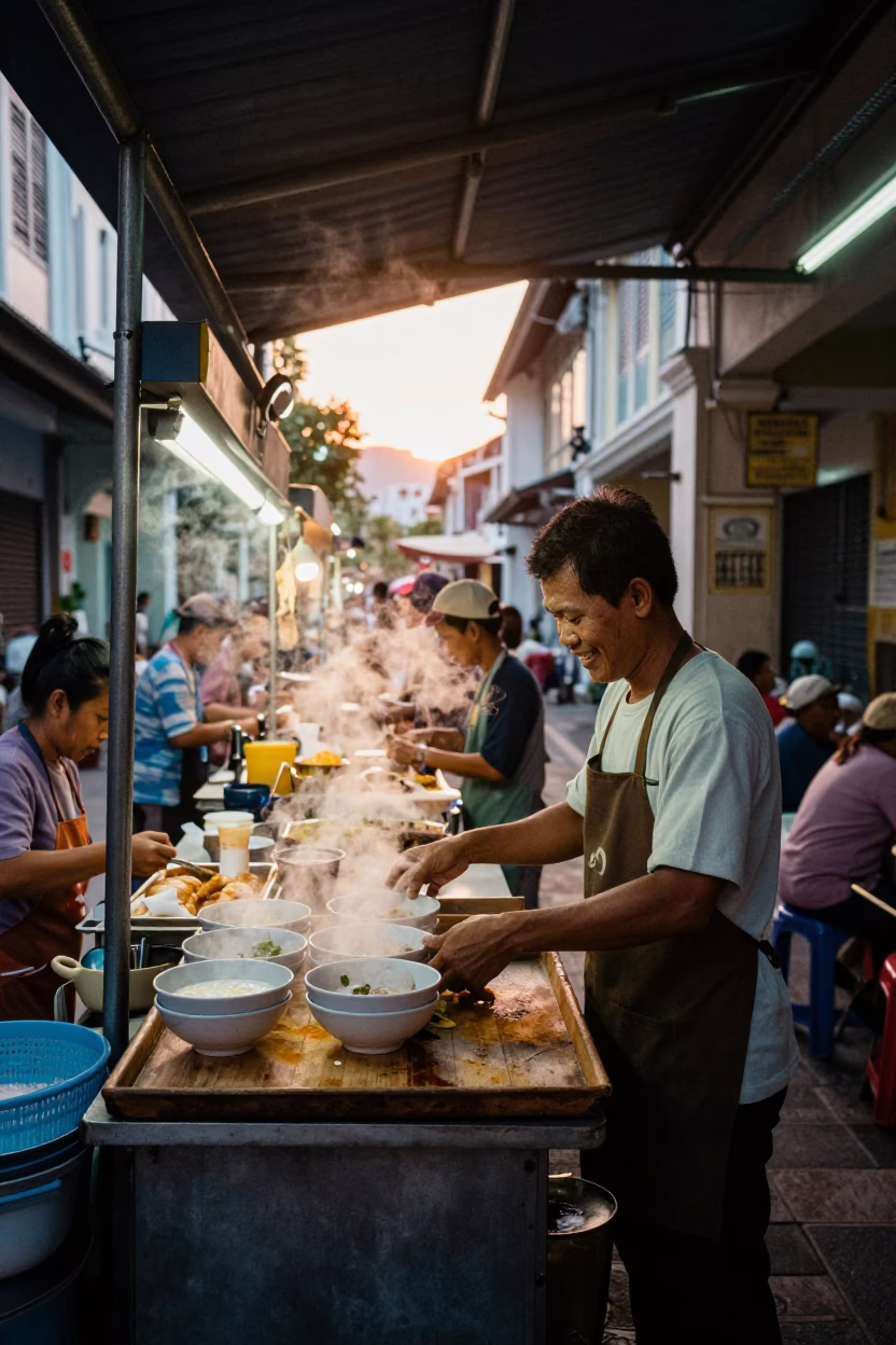 Food Stall at First Light Of Dawn in George Town in in George Town, Malaysia