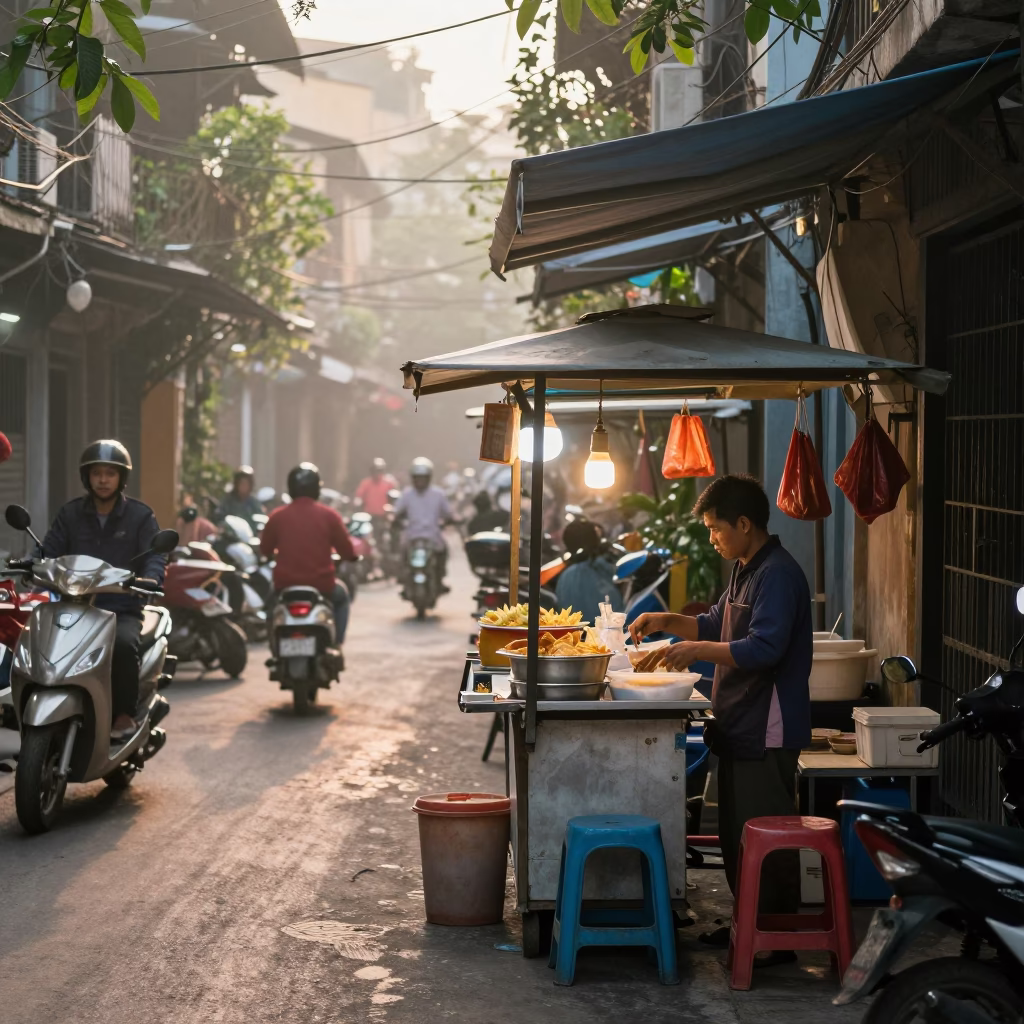 Food Stall at First Light Of Dawn in Hanoi in in Hanoi, Vietnam