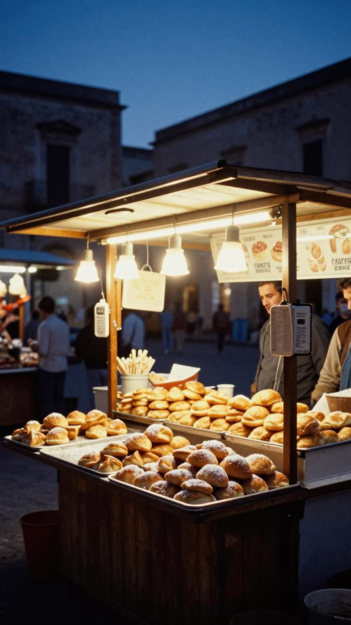 Food Stall at Indigo Twilight After Sunset in Palermo in in Palermo, Italy
